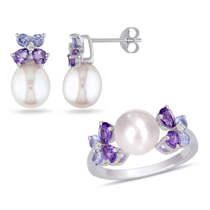 Earrings, Amethyst, Rubellite Tourmaline, White Baroque Pearls, Diamonds,  14KW -