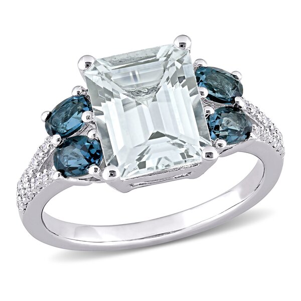 Sterling Silver London Blue Topaz and Diamond Accented 3-stone Engagement Ring 