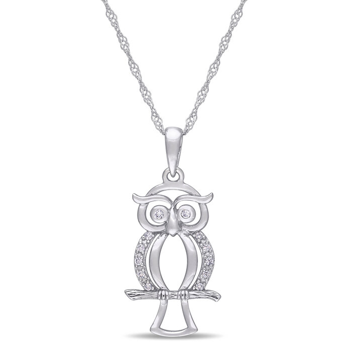 Allegro - Diamond Owl Pendant With Chain In 10k White Gold